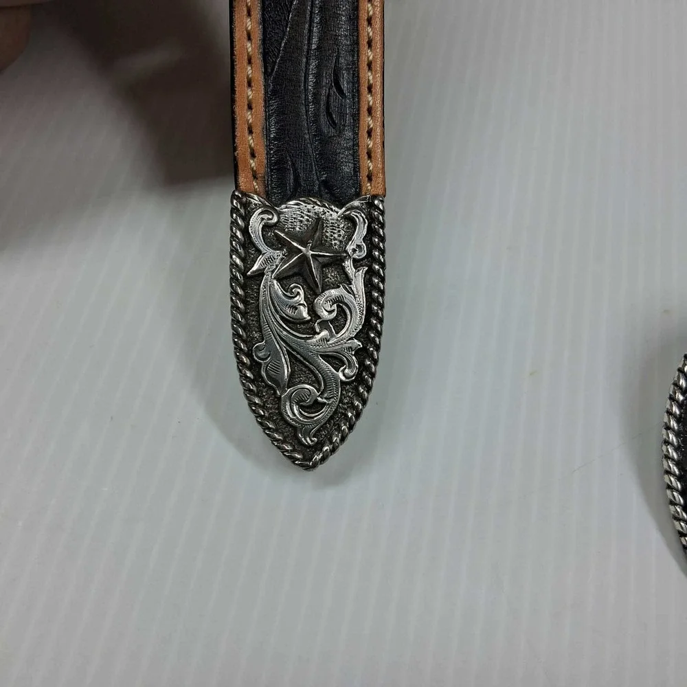 Justin Mens Black Tan Tooled Leather Western‎ Belt Silver Star Buckle 46 C11063